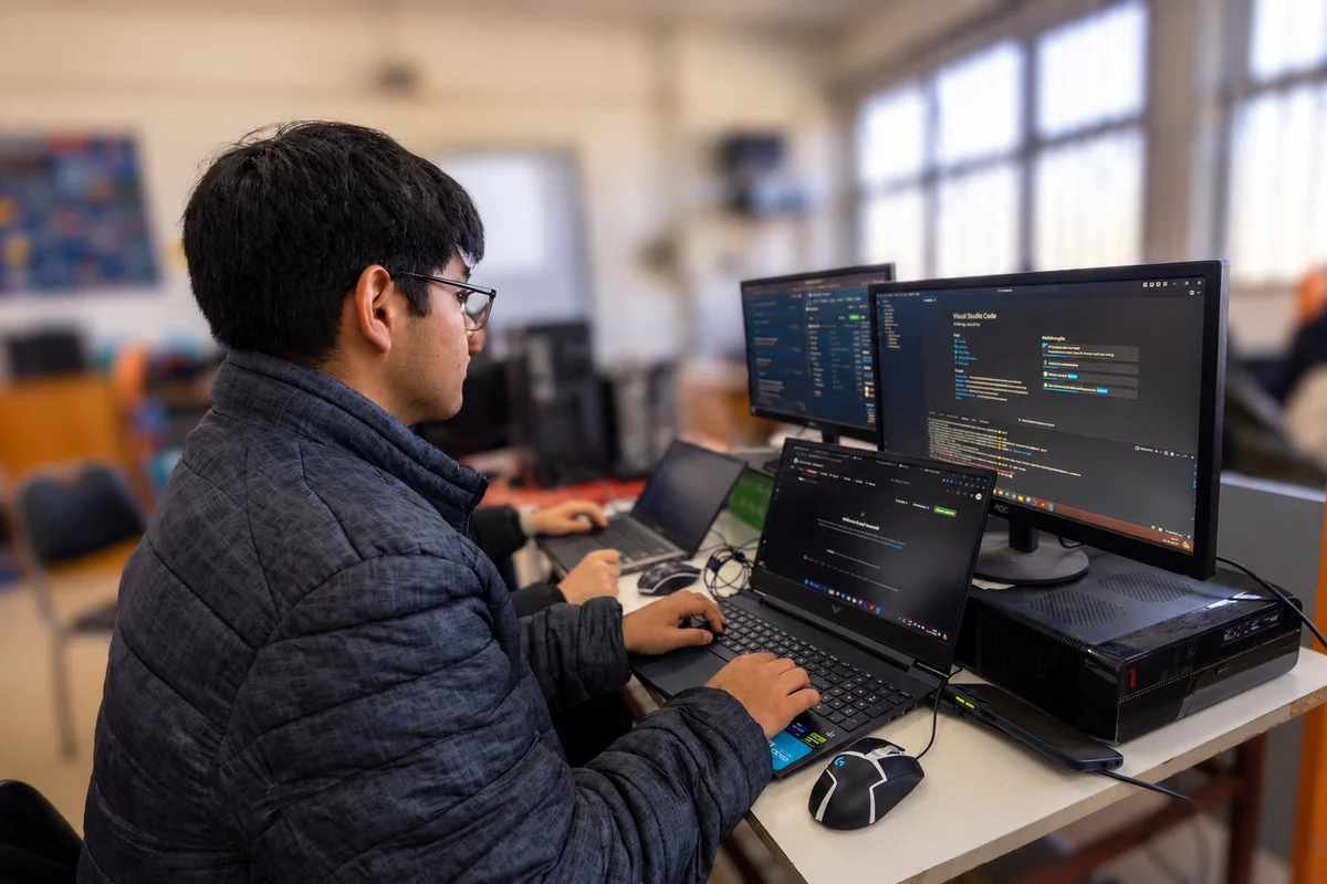 Estudiante trabajando con computadores en el laboratorio de Programación
